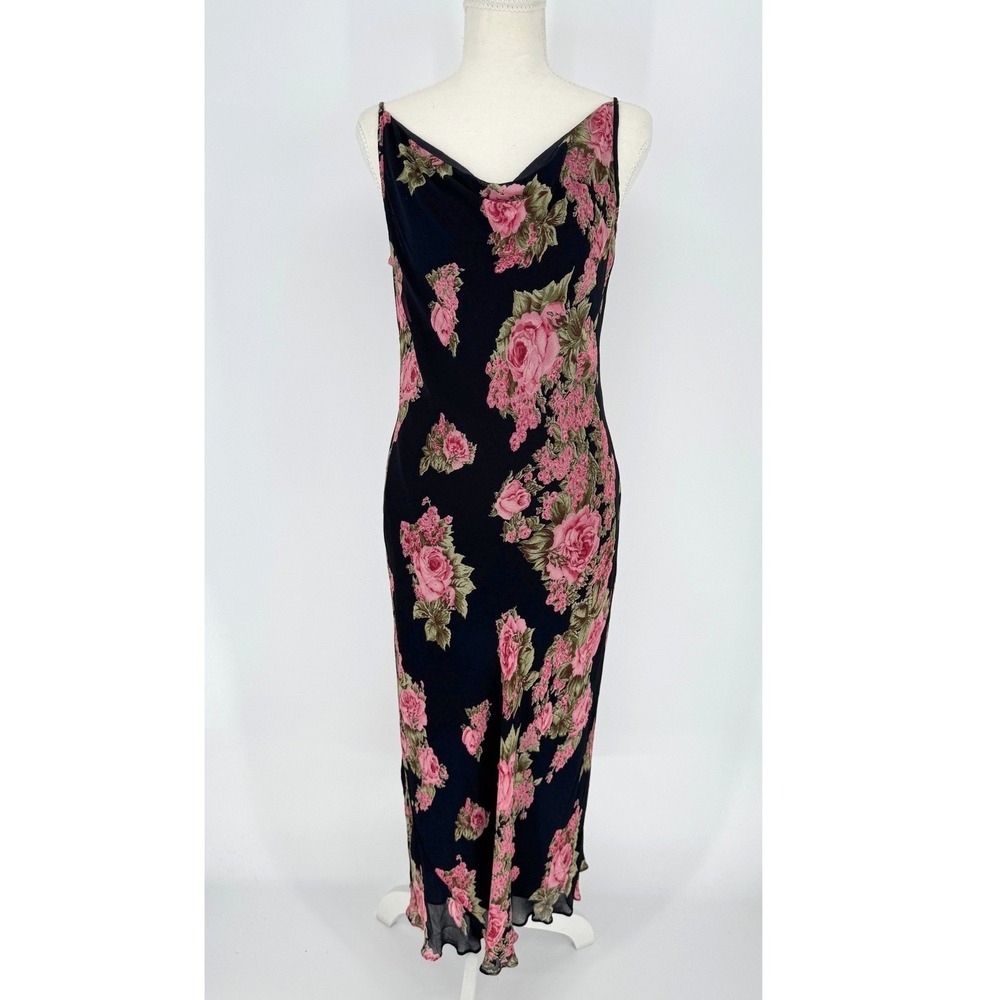 Vtg 90s American Angel Floral Maxi Dress M Pink Rose Cowl Neck Grunge Romantic